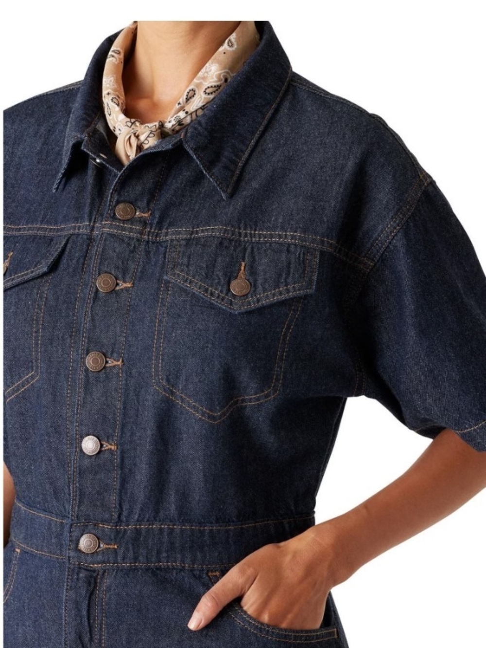 Classic Dark Blue Denim Short-Sleeve Jean Overalls Dress - Picture 6 of 7
